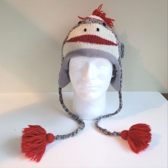 Deluxe Sock Monkey Adult Hand Made Winter Knit Hat Gray Red Cream w Pom Pom - Picture 2 of 8